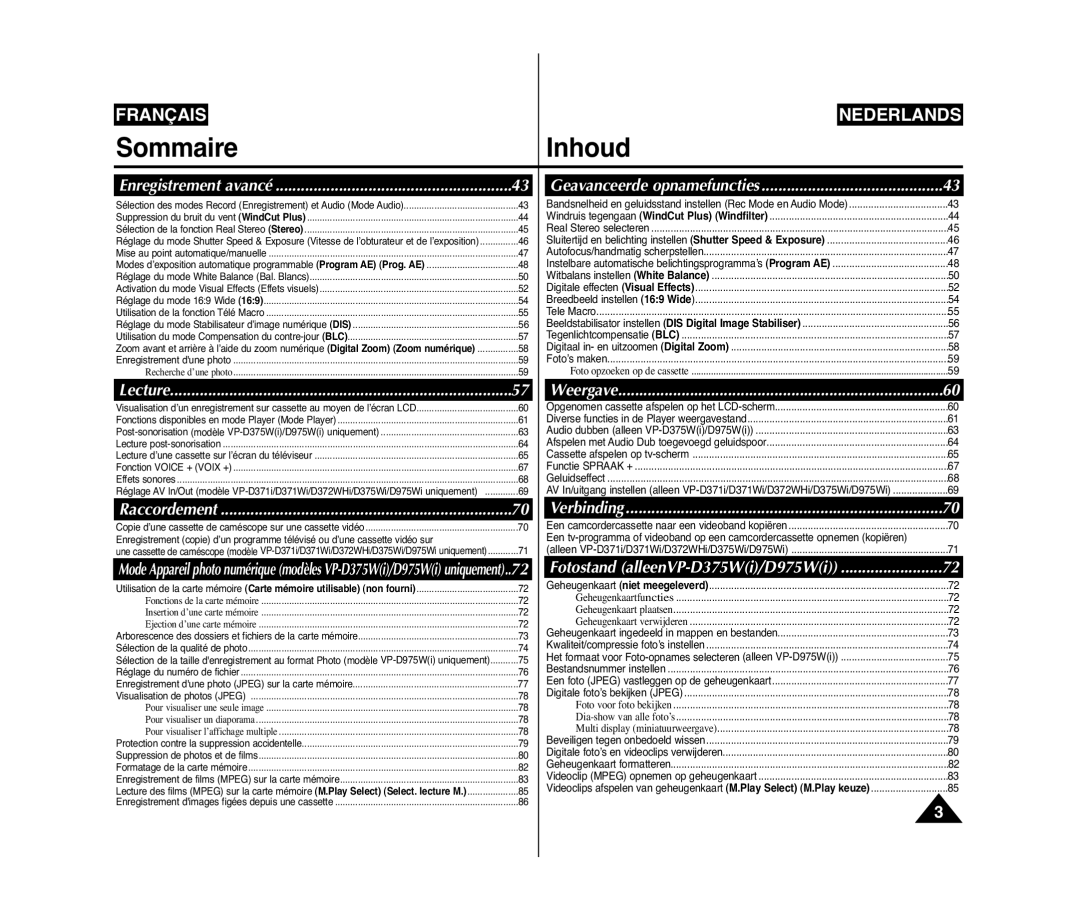 Samsung VP-D375W/XEF, VP-D371W/XEF, VP-D371/XEF manual Français 