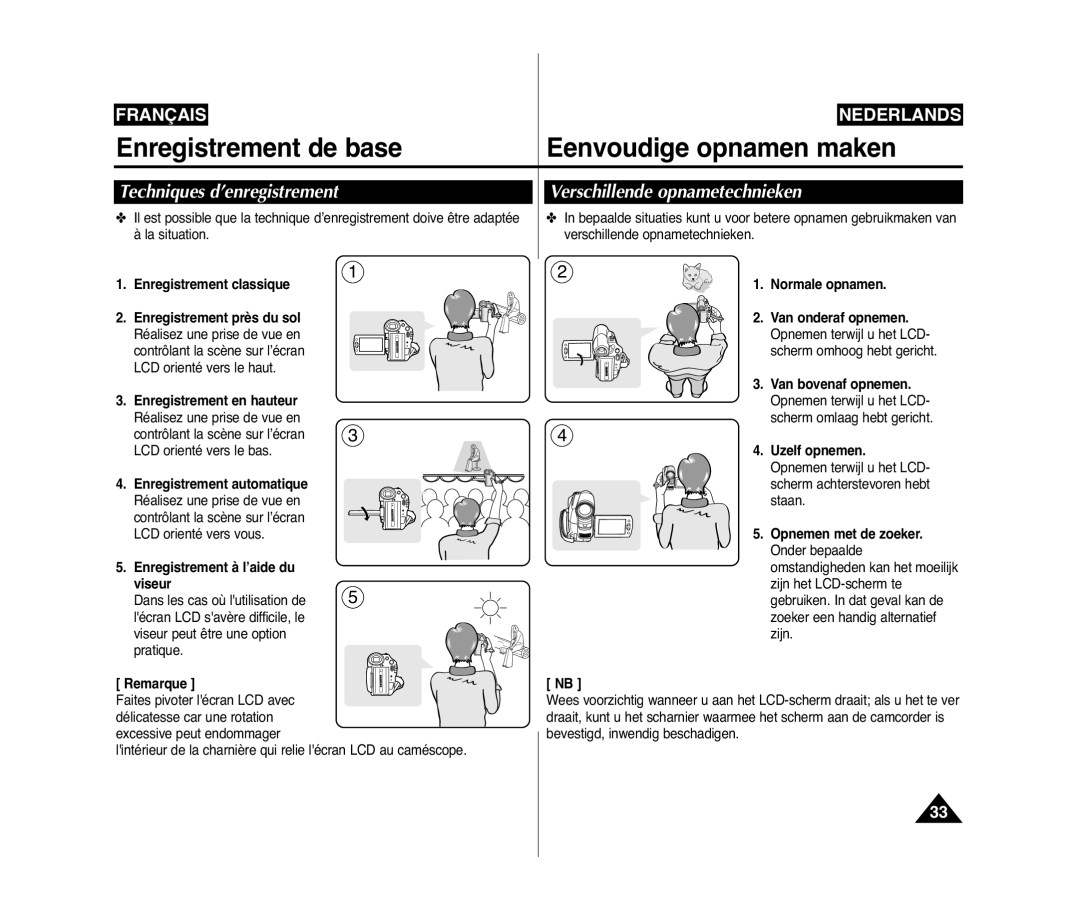 Samsung VP-D375W/XEF, VP-D371W/XEF, VP-D371/XEF manual Enregistrement de base Eenvoudige opnamen maken 