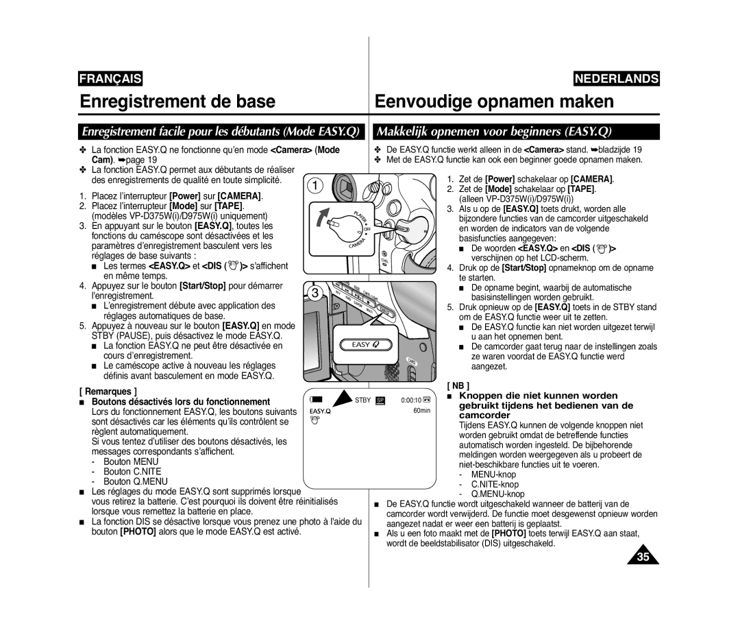 Samsung VP-D371/XEF, VP-D375W/XEF manual Makkelijk opnemen voor beginners EASY.Q, Knoppen die niet kunnen worden, Camcorder 