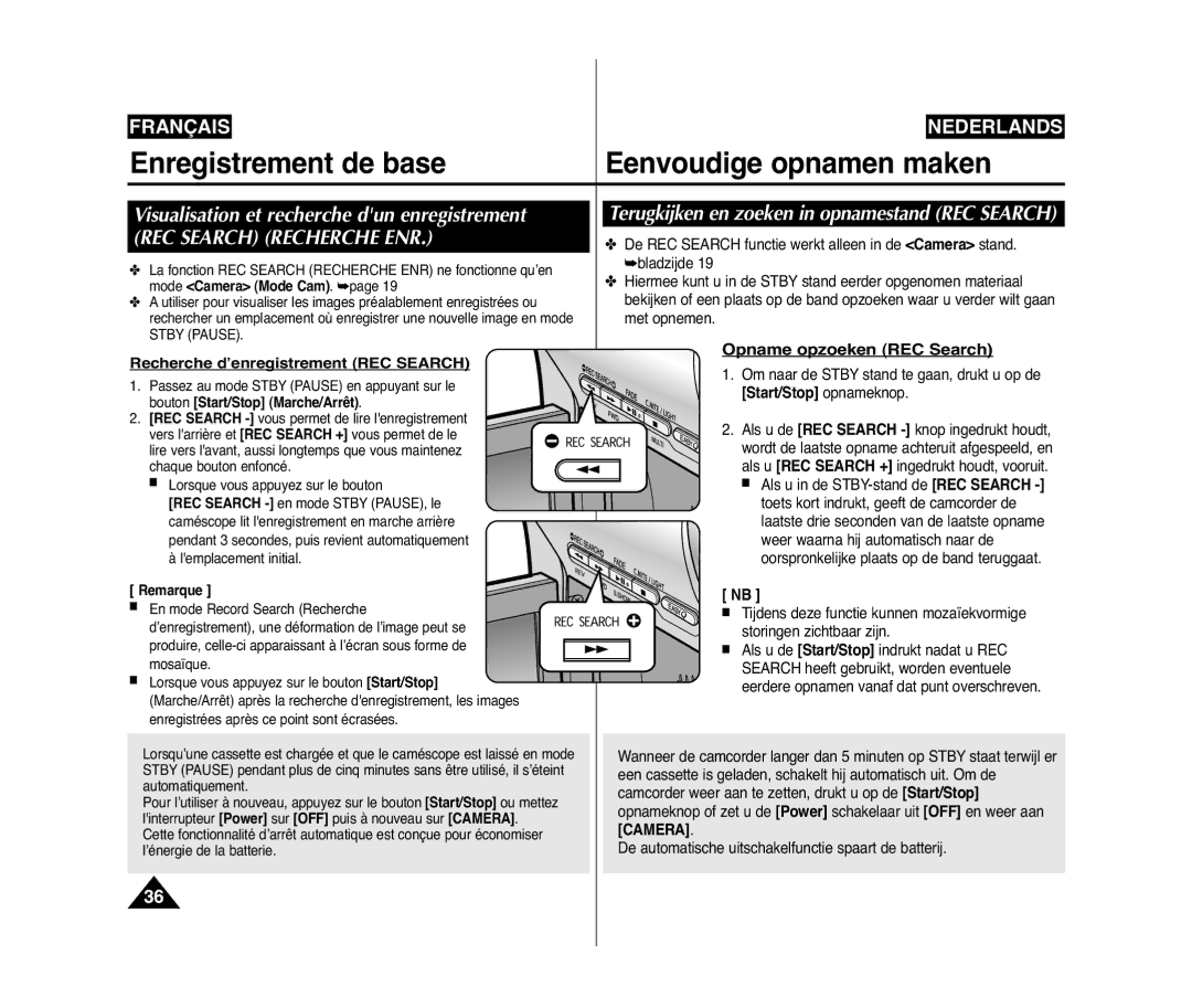 Samsung VP-D375W/XEF, VP-D371W/XEF Terugkijken en zoeken in opnamestand REC Search, Recherche d’enregistrement REC Search 