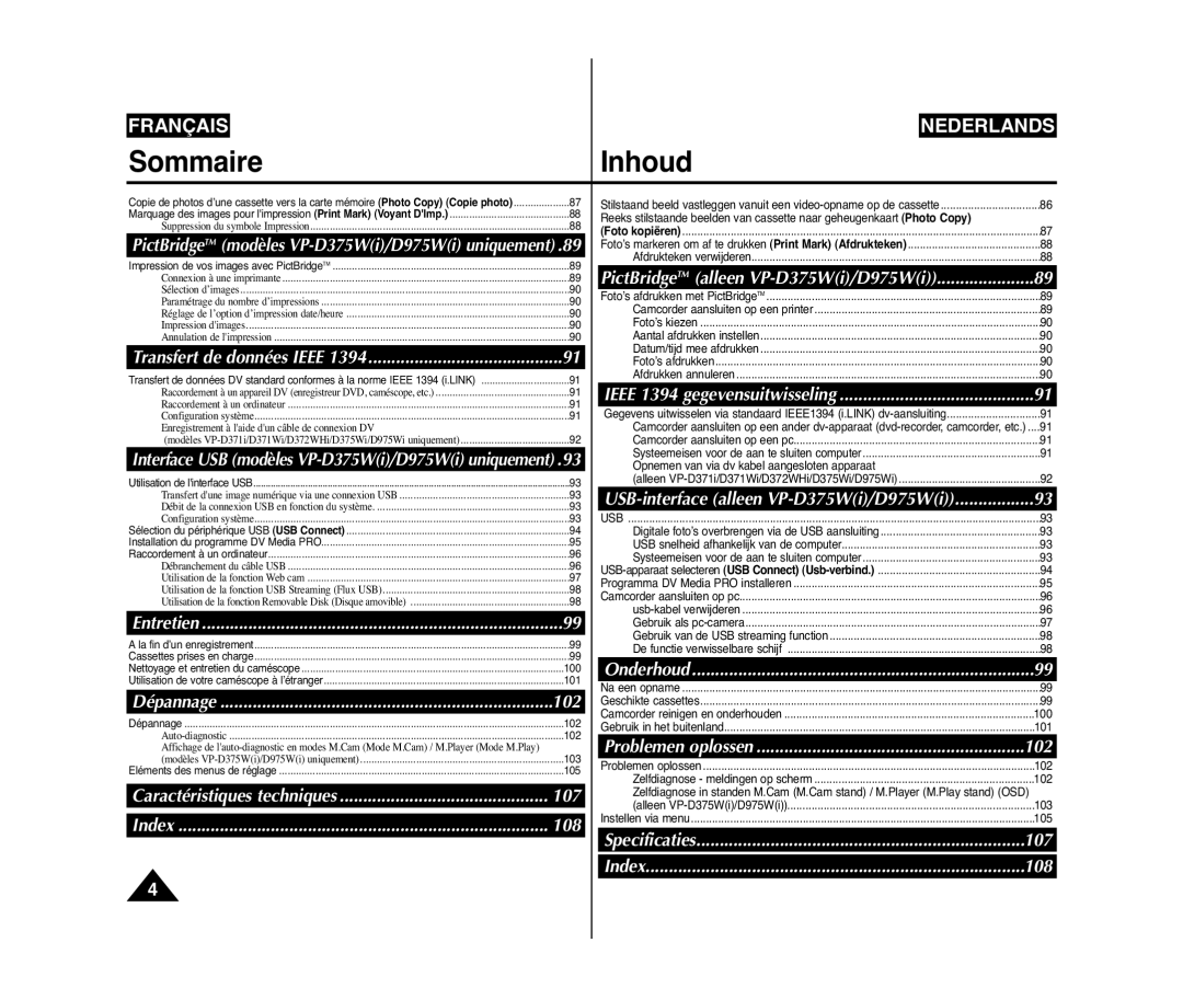 Samsung VP-D371W/XEF, VP-D375W/XEF, VP-D371/XEF manual 107 