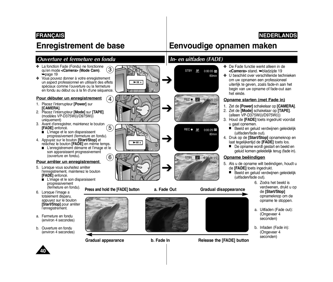 Samsung VP-D371W/XEF, VP-D375W/XEF Ouverture et fermeture en fondu In- en uitfaden Fade, Pour débuter un enregistrement 