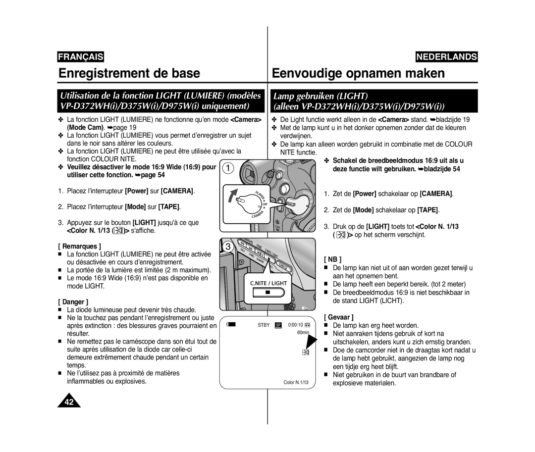 Samsung VP-D375W/XEF, VP-D371/XEF Lamp gebruiken Light, Utilisation de la fonction Light Lumiere modèles, Mode Cam, Gevaar 