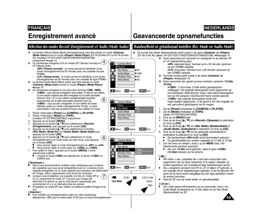 Samsung VP-D371W/XEF, VP-D375W/XEF, VP-D371/XEF manual Enregistrement avancé Geavanceerde opnamefuncties, √Sp 