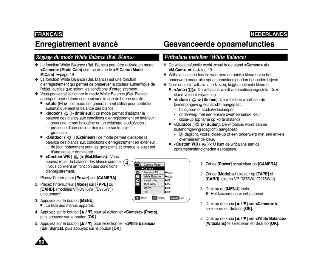 Samsung VP-D371/XEF, VP-D375W/XEF manual Enregistrement avancé Geavanceerde opnamefuncties, Custom WB c Bal.Blancs Vous 