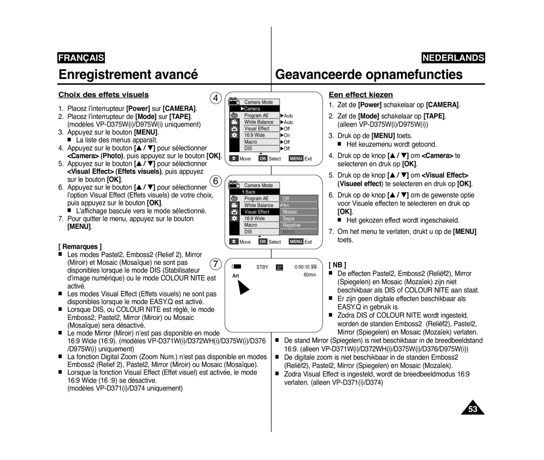 Samsung VP-D371/XEF, VP-D375W/XEF, VP-D371W/XEF manual Choix des effets visuels Een effect kiezen 