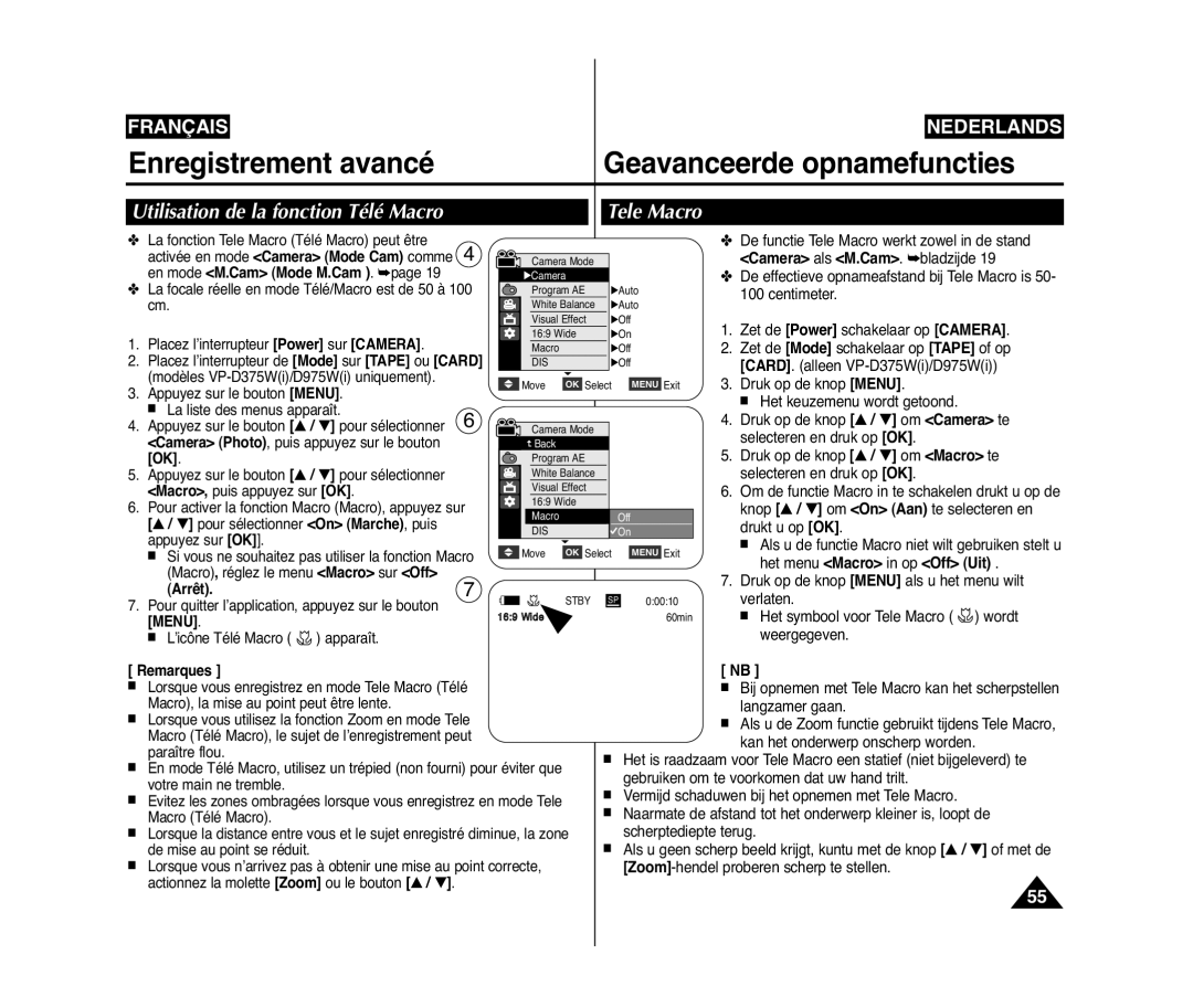 Samsung VP-D371W/XEF, VP-D375W/XEF manual Utilisation de la fonction Télé Macro Tele Macro, En mode M.Cam Mode M.Cam, Arrêt 