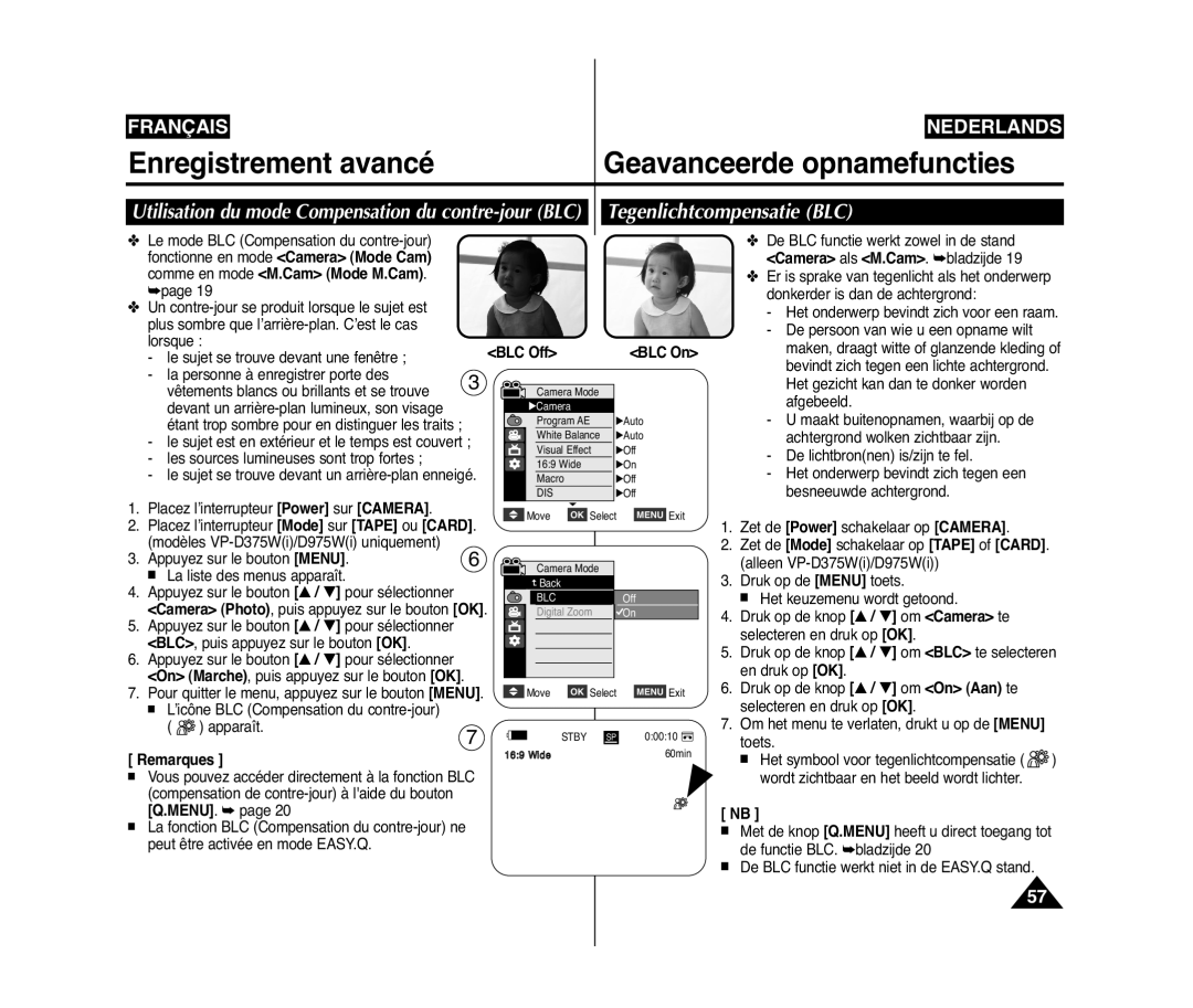 Samsung VP-D375W/XEF manual Tegenlichtcompensatie BLC, Utilisation du mode Compensation du contre-jour BLC, BLC Off, BLC On 