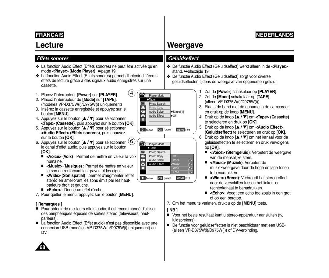 Samsung VP-D371/XEF Effets sonores Geluidseffect, Audio Effect Effets sonores, puis appuyez, Music Muziek Verbetert de 