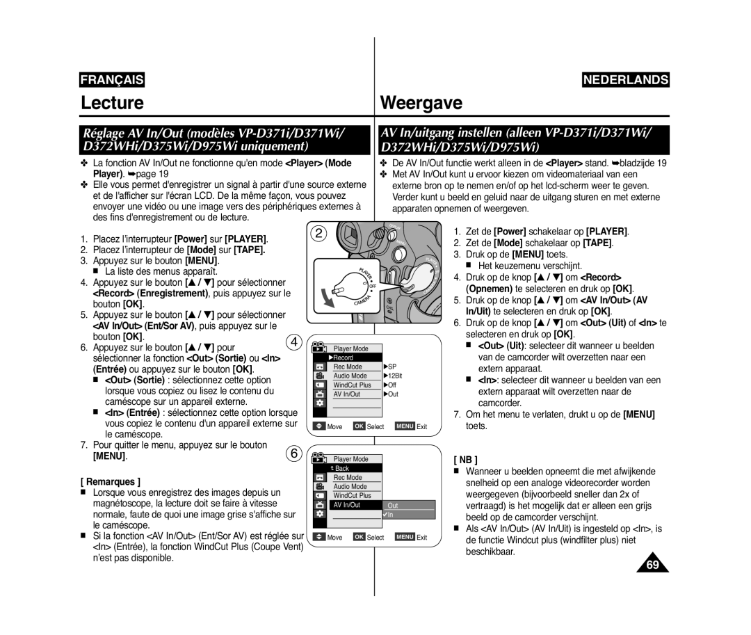 Samsung VP-D375W/XEF, VP-D371W/XEF Record Enregistrement, puis appuyez sur le, AV In/Out Ent/Sor AV, puis appuyez sur le 