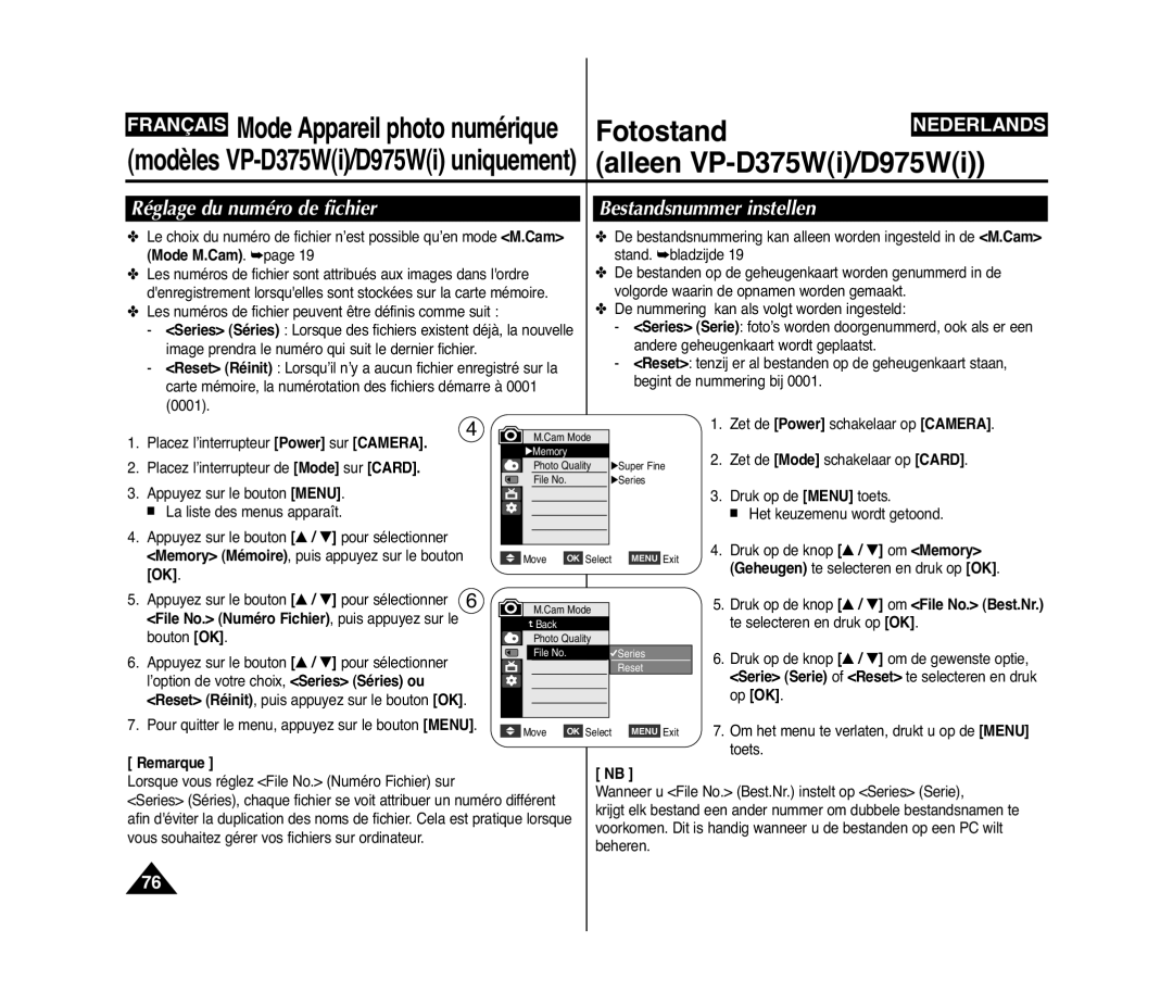 Samsung VP-D371W/XEF manual Réglage du numéro de fichier, Bestandsnummer instellen, Druk op de knop / om File No. Best.Nr 