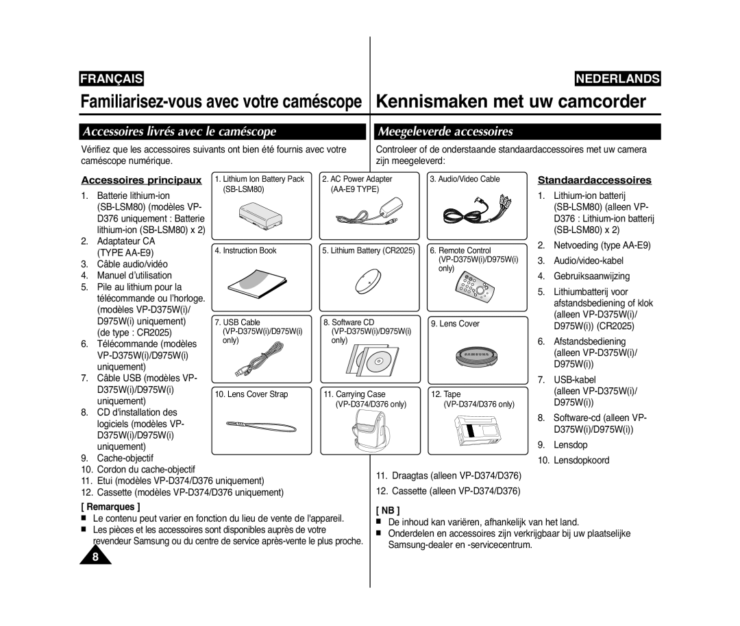 Samsung VP-D371/XEF Accessoires livrés avec le caméscope, Meegeleverde accessoires, Accessoires principaux, Remarques 