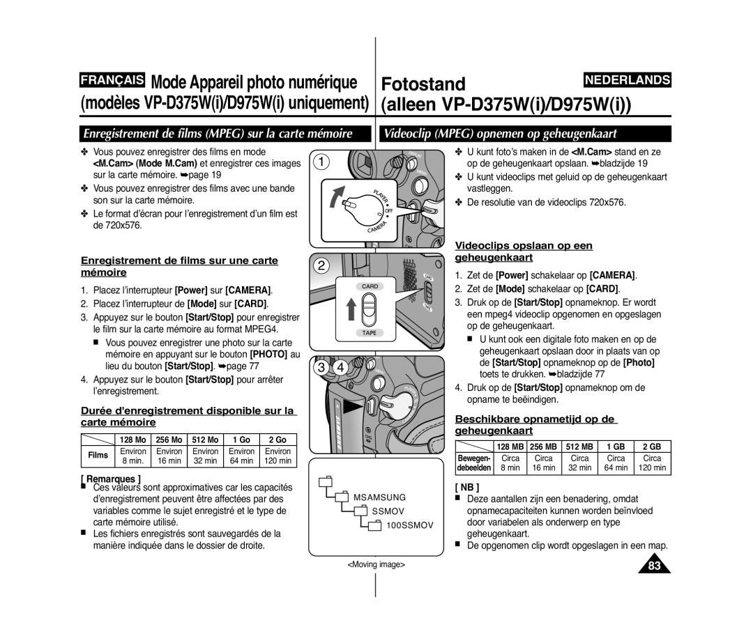 Samsung VP-D371/XEF manual Videoclip Mpeg opnemen op geheugenkaart, Enregistrement de films Mpeg sur la carte mémoire 