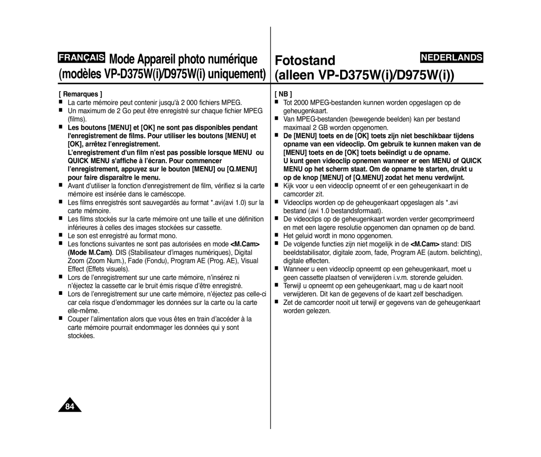 Samsung VP-D375W/XEF, VP-D371W/XEF, VP-D371/XEF manual Fotostand 