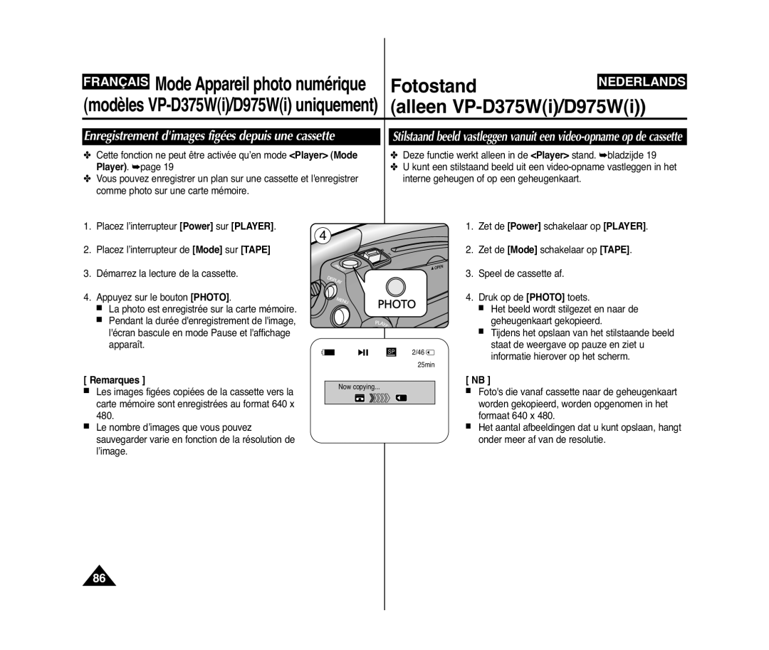 Samsung VP-D371/XEF, VP-D375W/XEF, VP-D371W/XEF manual Enregistrement dimages figées depuis une cassette 
