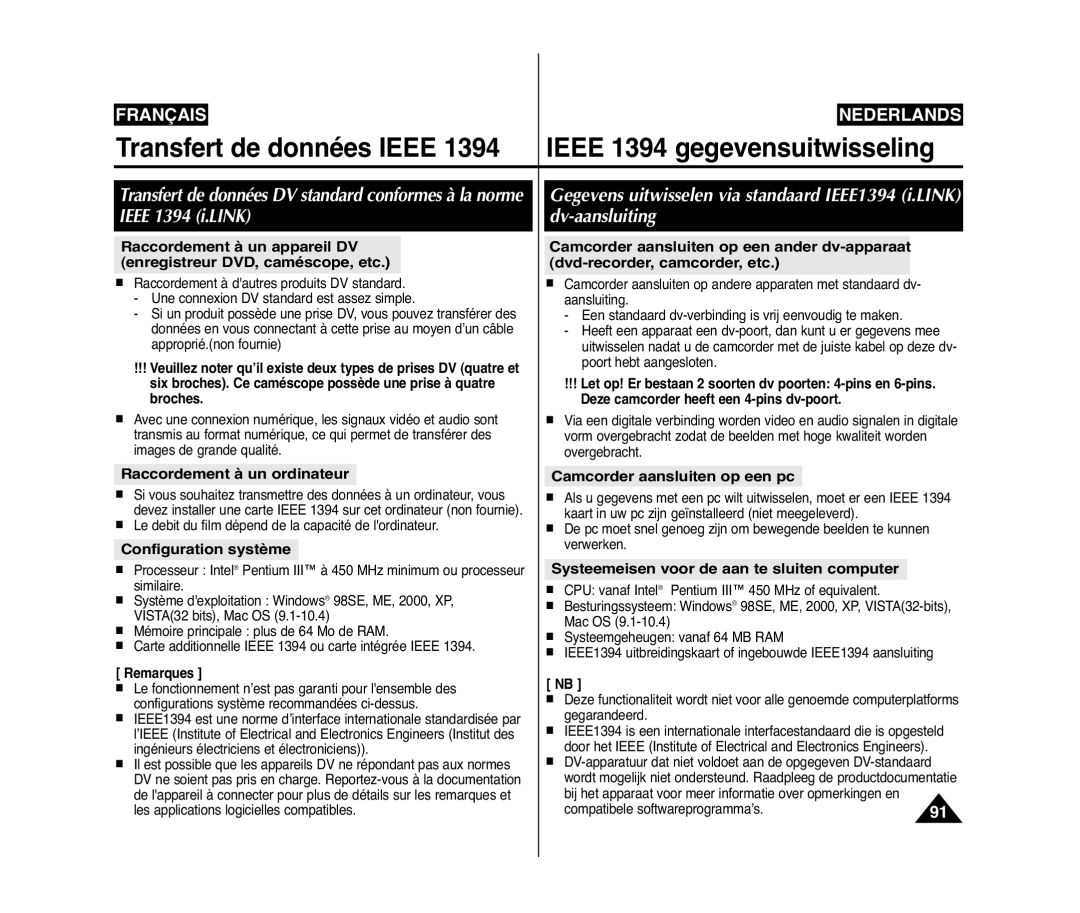 Samsung VP-D371W/XEF, VP-D375W/XEF Transfert de données Ieee Ieee 1394 gegevensuitwisseling, Raccordement à un ordinateur 