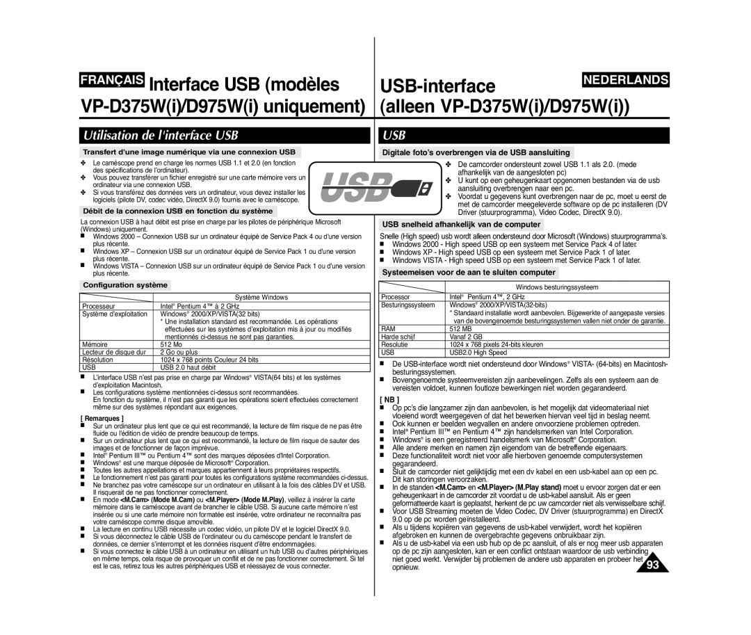 Samsung VP-D375W/XEF, VP-D371/XEF Interface USB modèles USB-interface, VP-D375Wi/D975Wi uniquement Alleen VP-D375Wi/D975Wi 