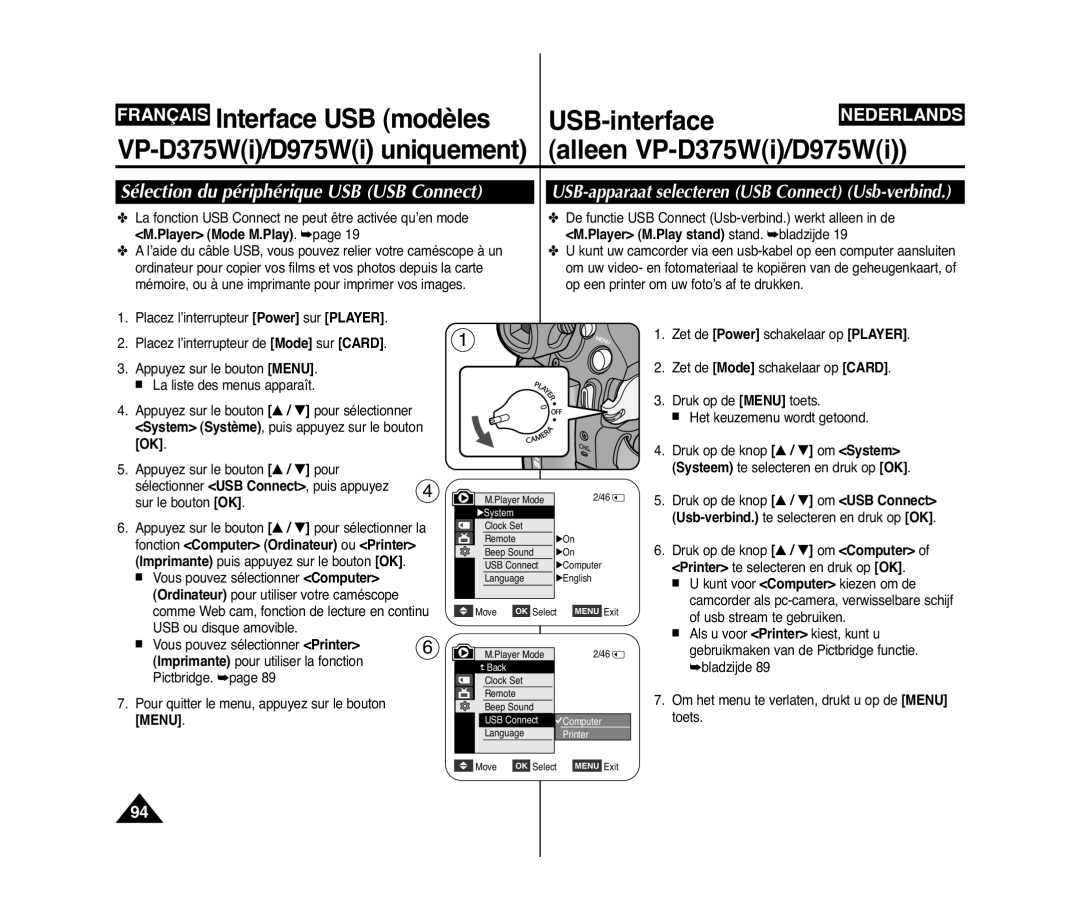 Samsung VP-D371W/XEF manual Français Interface USB modèles USB-interface, USB-apparaat selecteren USB Connect Usb-verbind 