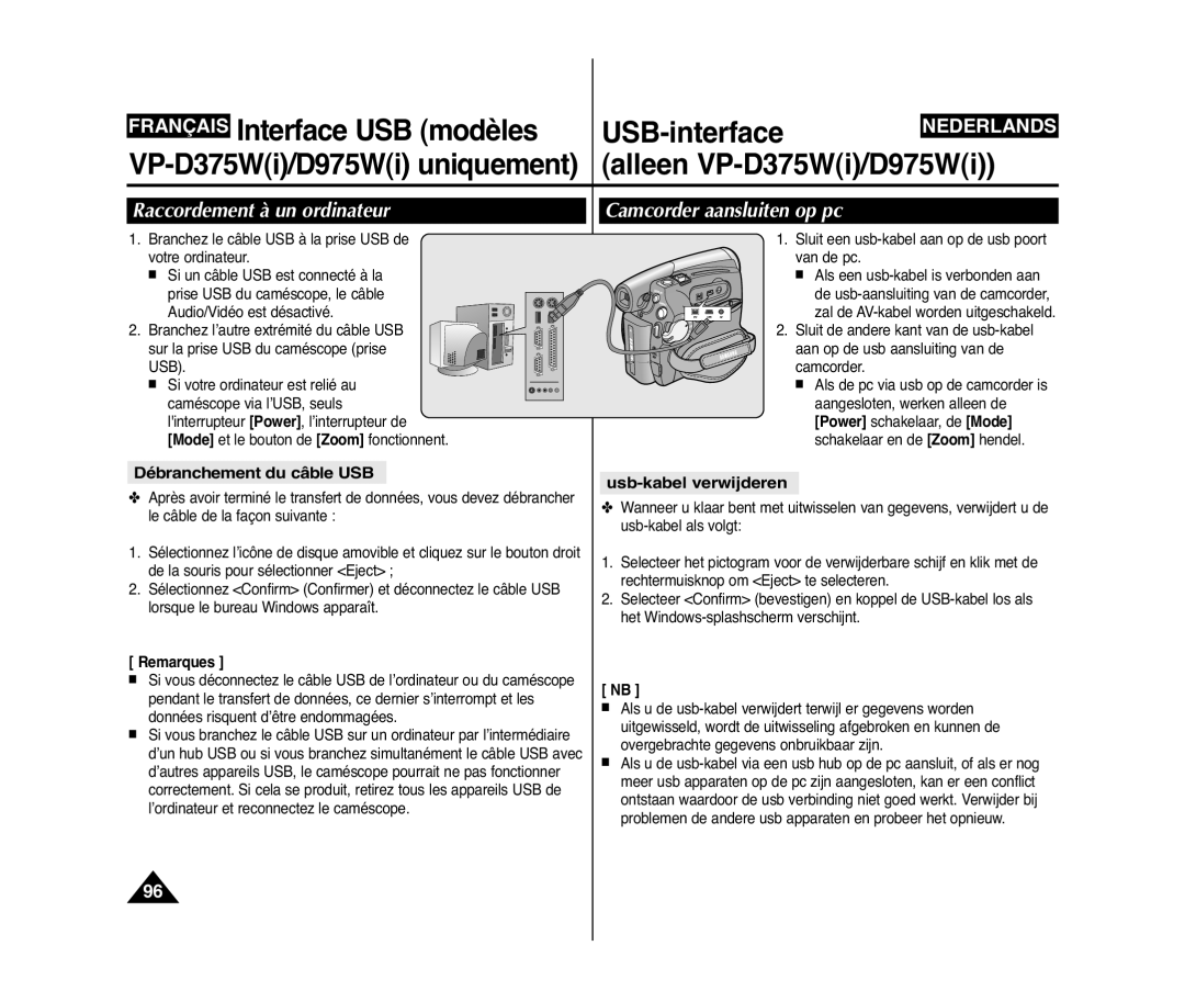 Samsung VP-D375W/XEF, VP-D371W/XEF Raccordement à un ordinateur, Camcorder aansluiten op pc, Débranchement du câble USB 