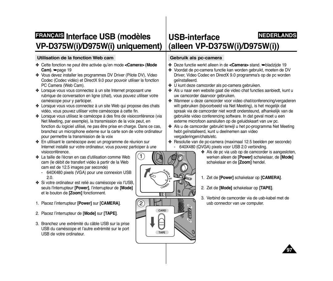 Samsung VP-D371W/XEF, VP-D375W/XEF, VP-D371/XEF manual Gebruik als pc-camera, Utilisation de la fonction Web cam 