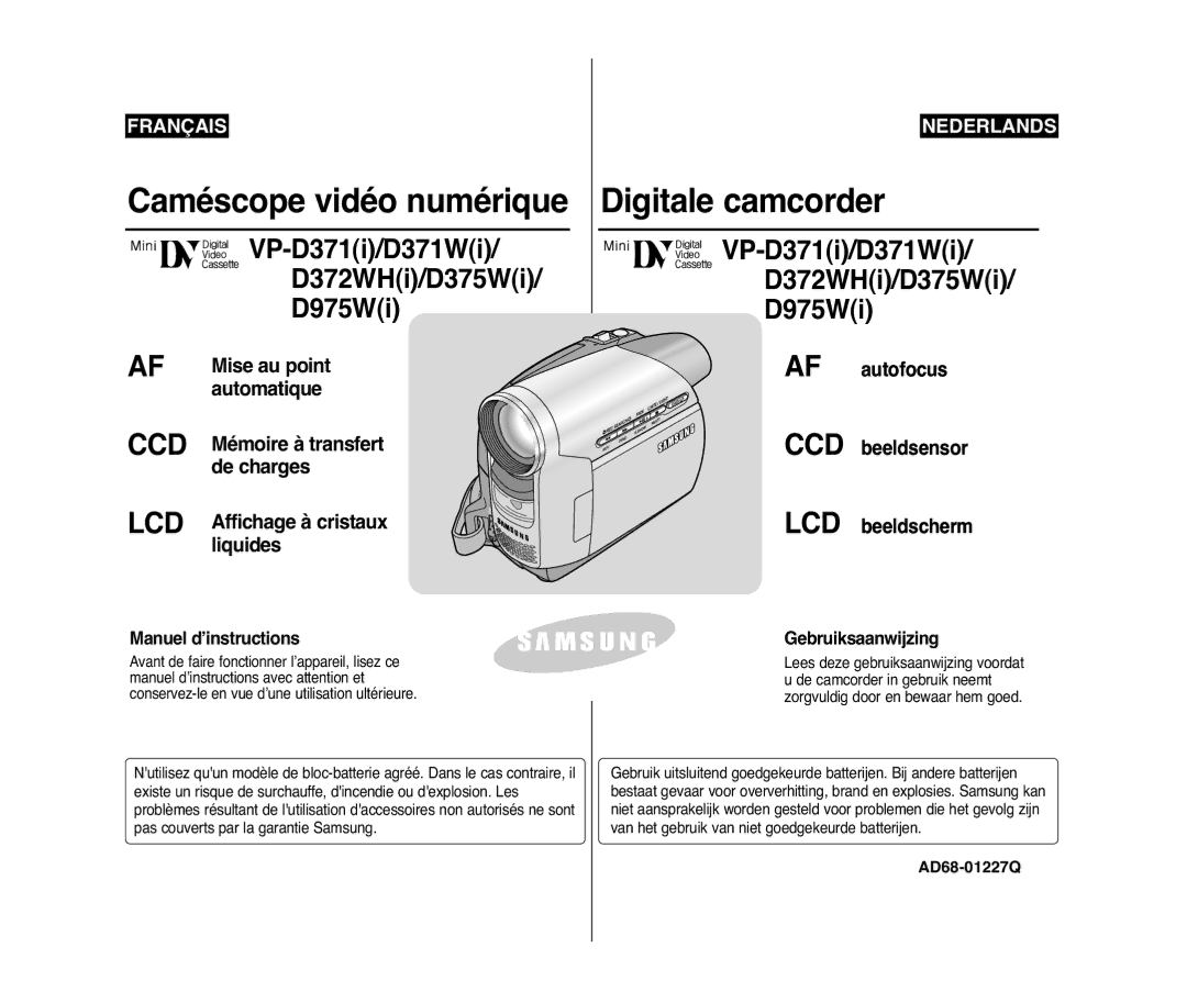 Samsung VP-D371/XEE, VP-D371/XEF, VP-D371W/XEO manual VP-D371i/D371Wi D372WHi/D374 D375Wi/D376/D975Wi, AD68-01227H 