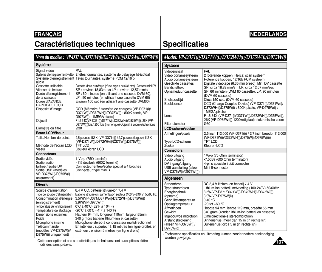 Samsung VP-D371/XEF manual Caractéristiques techniques Specificaties, Model VP-D371i/D371Wi/D372WHi/D375Wi/D975Wi, Système 