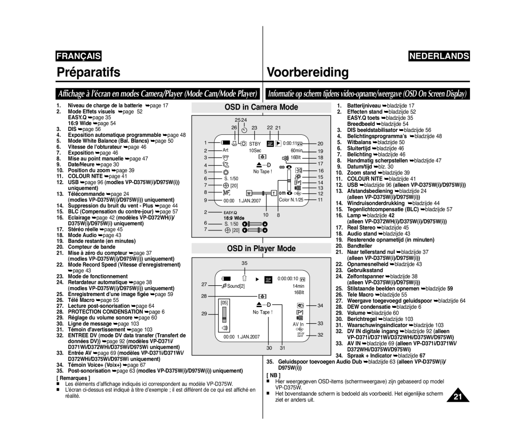 Samsung VP-D375W/XEF, VP-D371W/XEF, VP-D371/XEF manual OSD in Camera Mode, OSD in Player Mode 