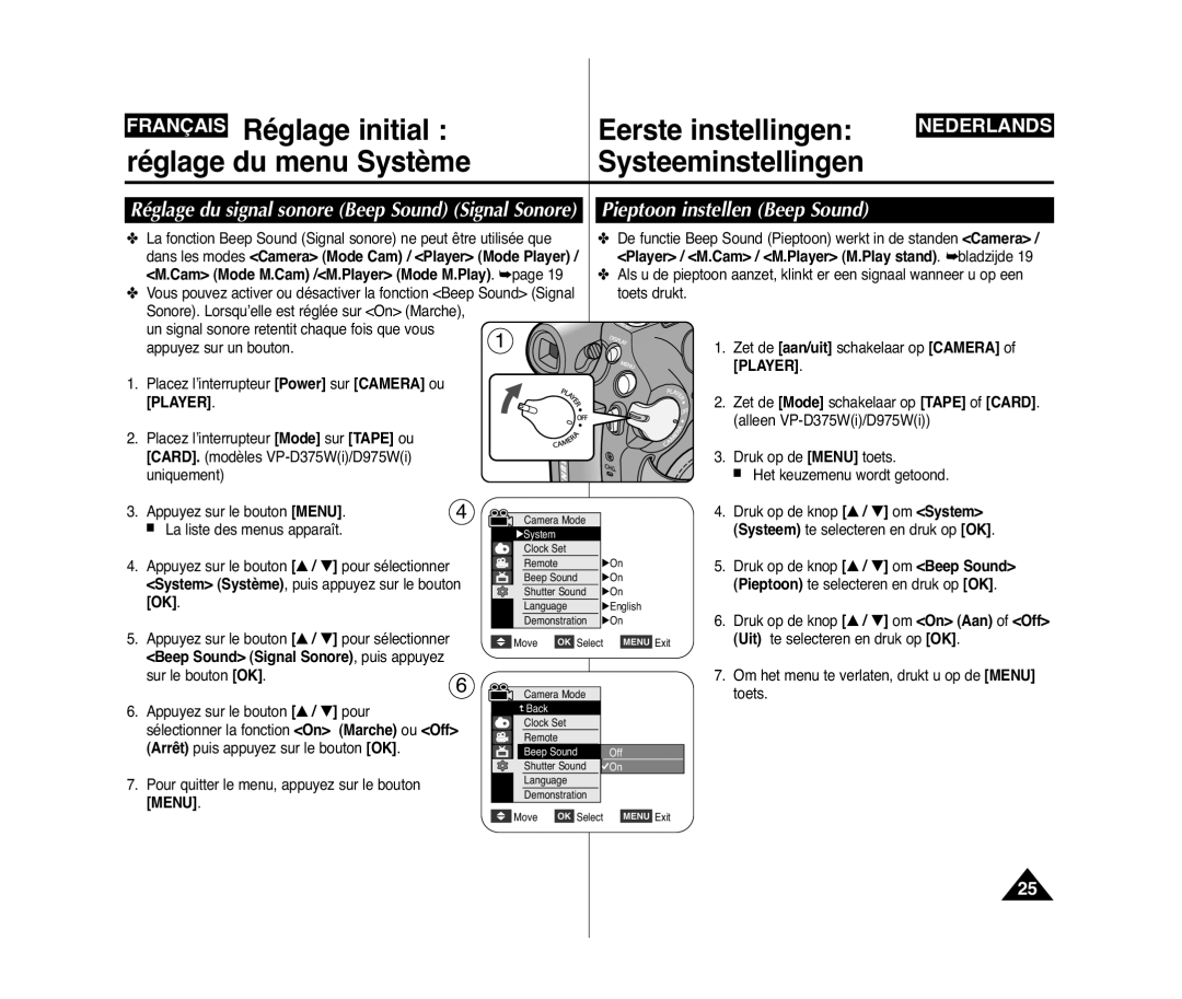 Samsung VP-D371W/XEF, VP-D375W/XEF manual Pieptoon instellen Beep Sound, Réglage du signal sonore Beep Sound Signal Sonore 