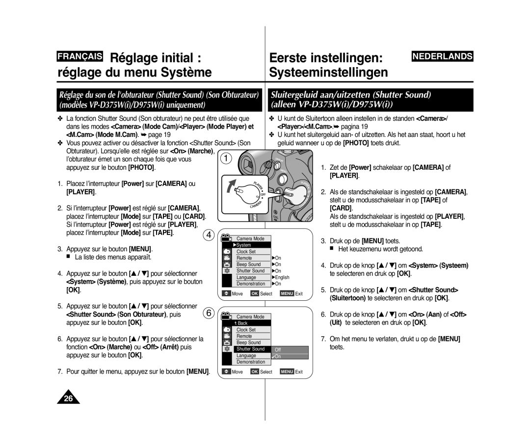 Samsung VP-D371/XEF Sluitergeluid aan/uitzetten Shutter Sound, Alleen VP-D375Wi/D975Wi, Shutter Sound Son Obturateur, puis 