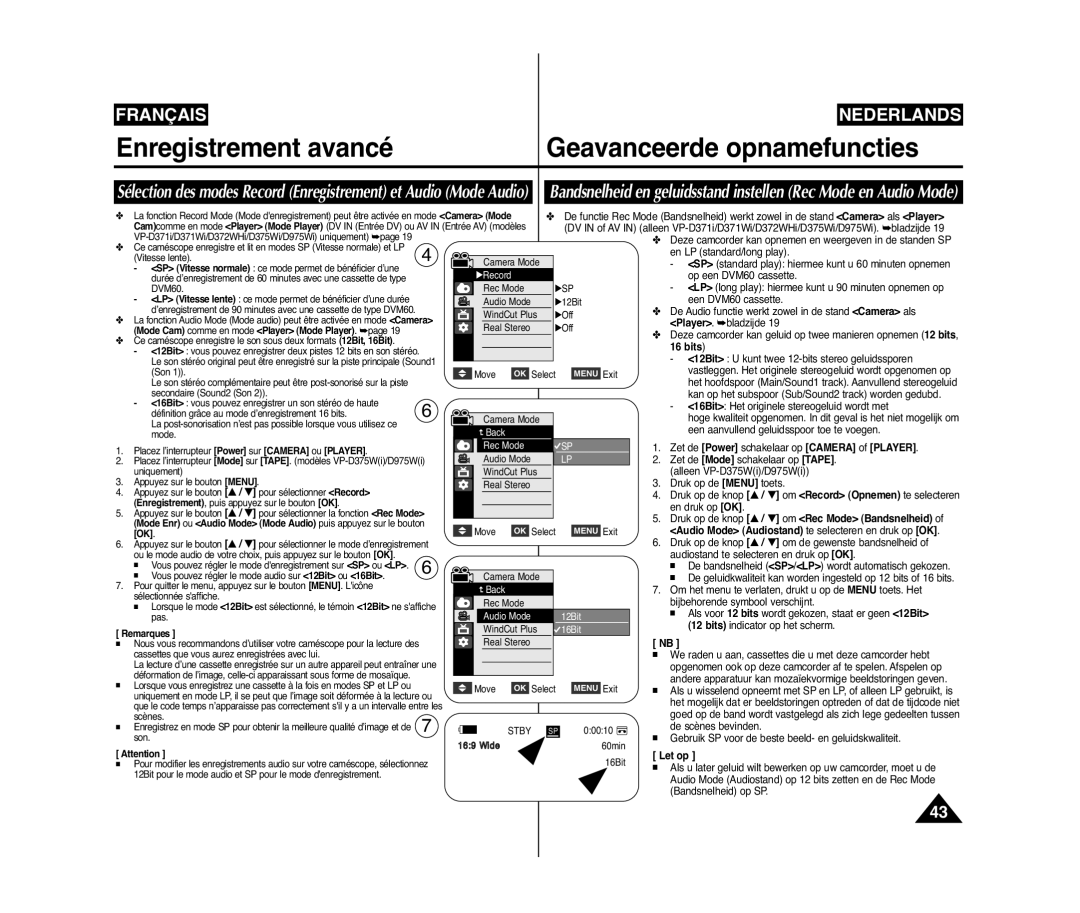 Samsung VP-D371W/XEF, VP-D375W/XEF, VP-D371/XEF manual Enregistrement avancé Geavanceerde opnamefuncties 