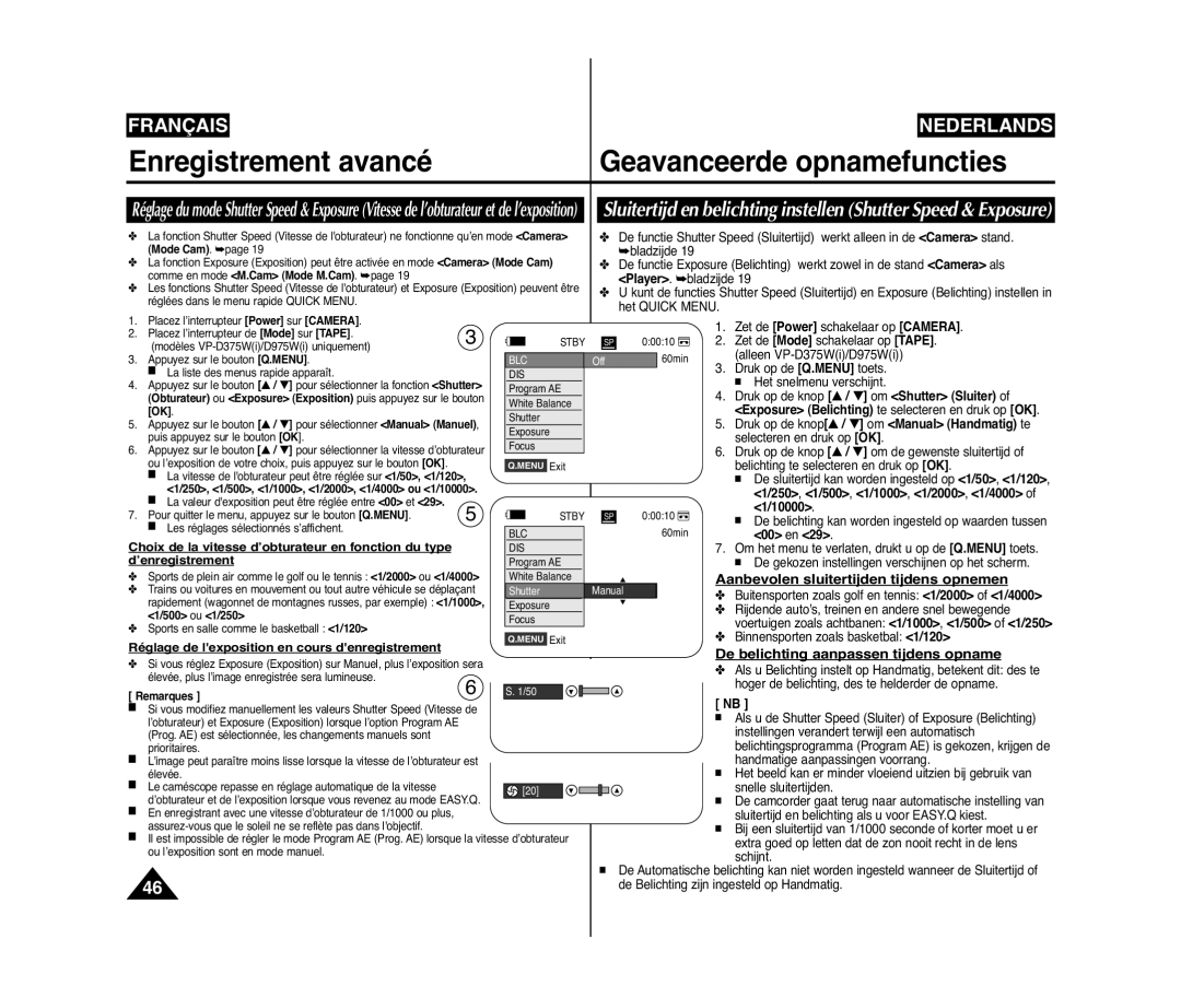 Samsung VP-D371W/XEF Aanbevolen sluitertijden tijdens opnemen, De belichting aanpassen tijdens opname, ’enregistrement 