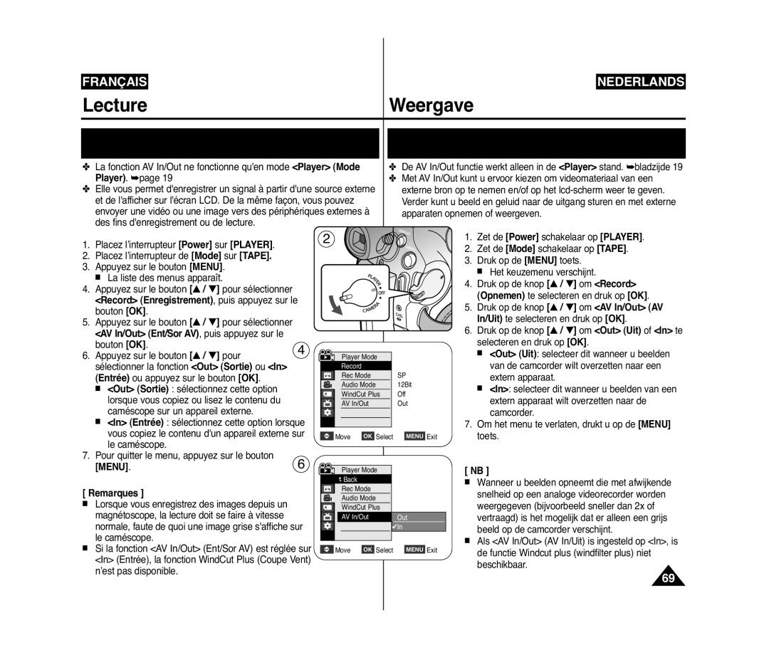 Samsung VP-D375W/XEF, VP-D371W/XEF Record Enregistrement, puis appuyez sur le, AV In/Out Ent/Sor AV, puis appuyez sur le 