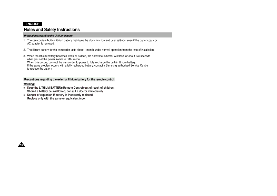 Samsung VP-D380, VP-D340 manual Precautions regarding the Lithium battery 