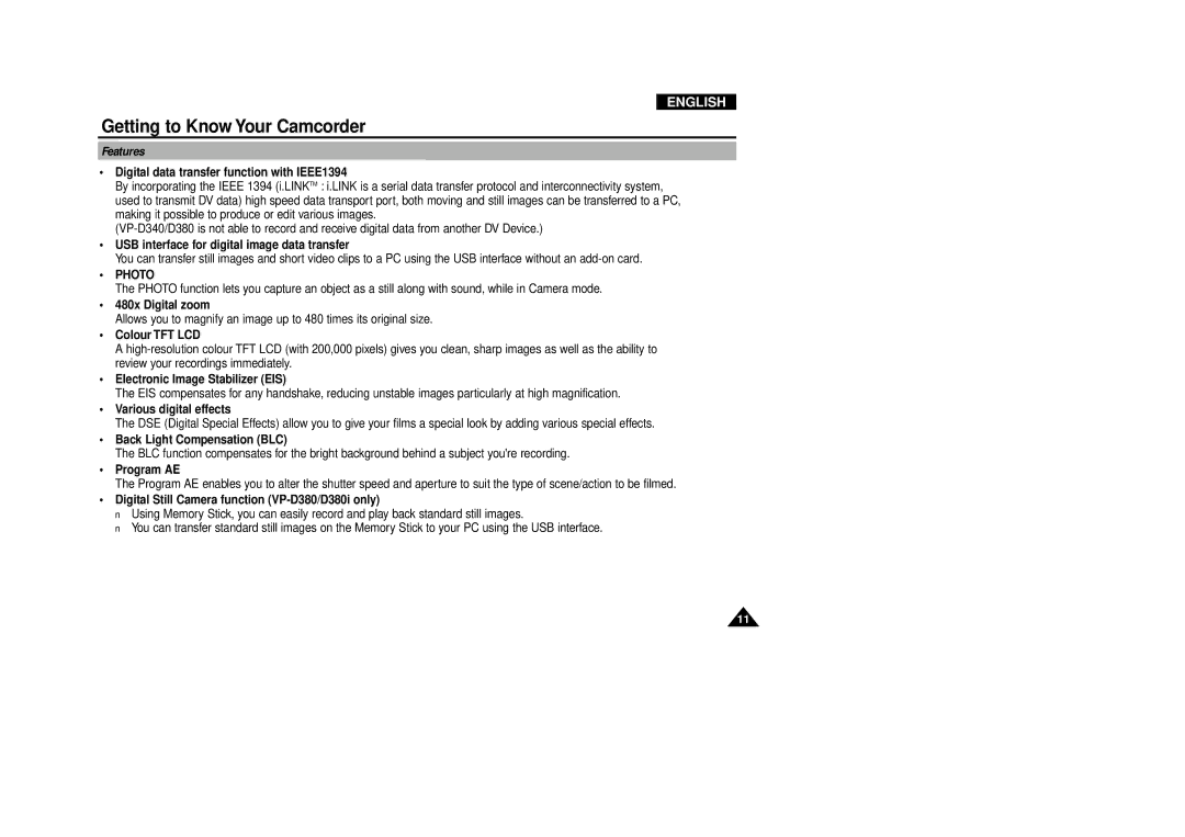 Samsung VP-D340, VP-D380 manual Getting to Know Your Camcorder, Features, Photo 