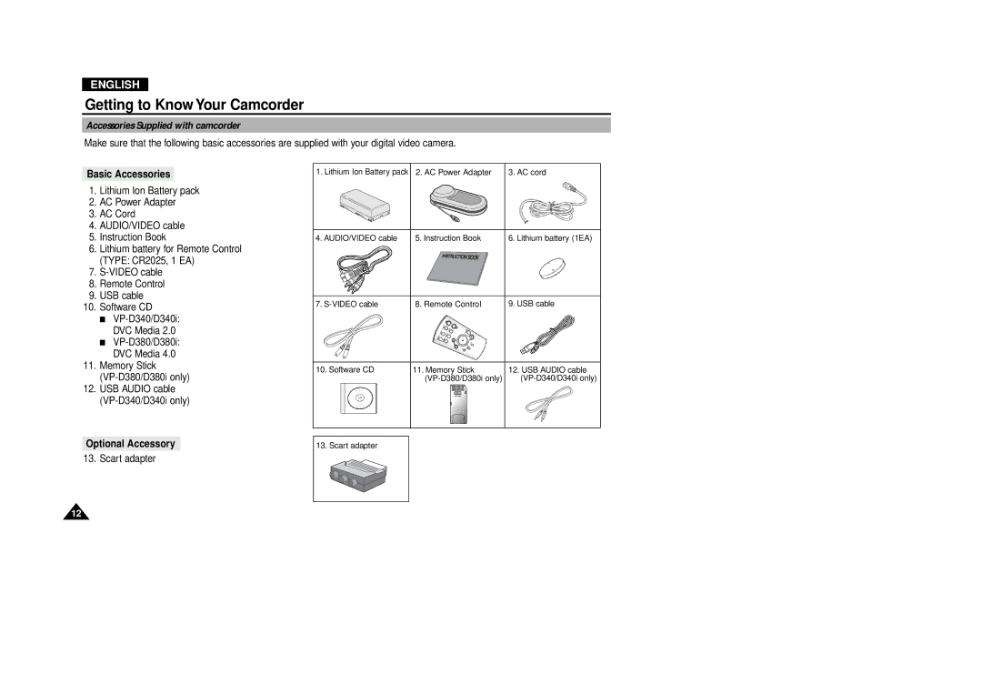 Samsung VP-D380, VP-D340 manual Accessories Supplied with camcorder, Basic Accessories, Optional Accessory 