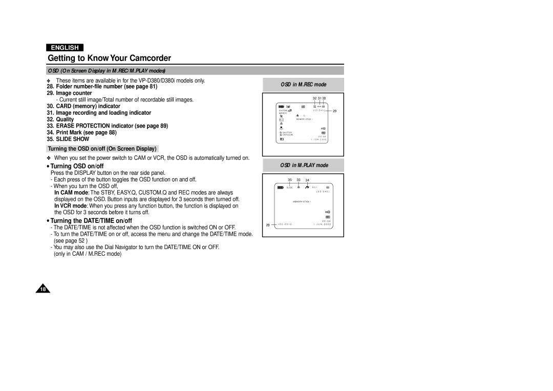 Samsung VP-D380 manual OSD On Screen Display in M.REC/M.PLAY modes, Folder number-file number see Image counter, Slide Show 