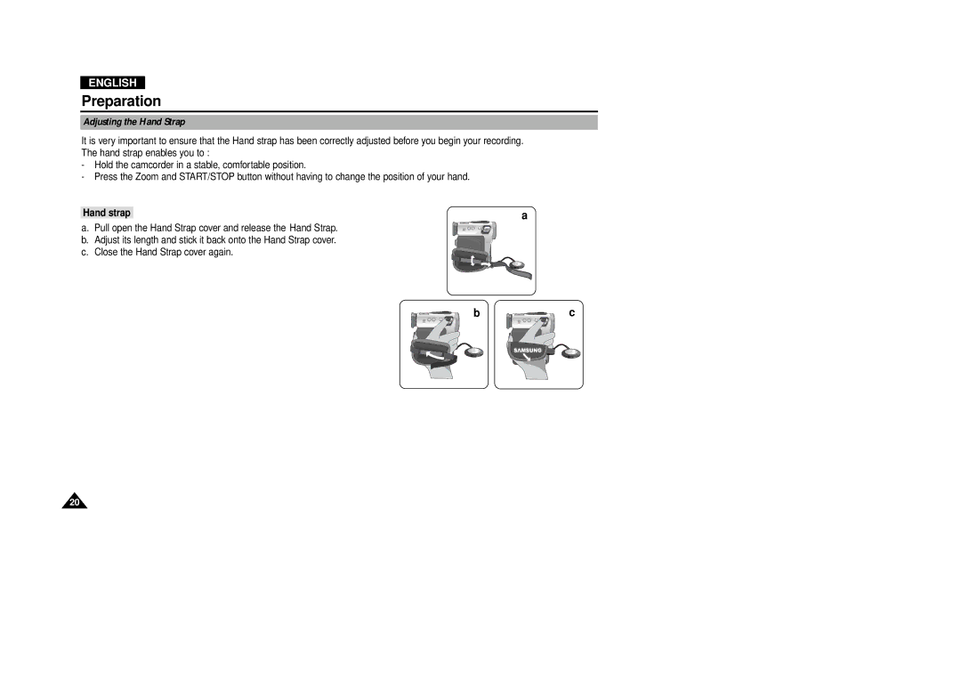 Samsung VP-D380, VP-D340 manual Adjusting the Hand Strap, Hand strap 