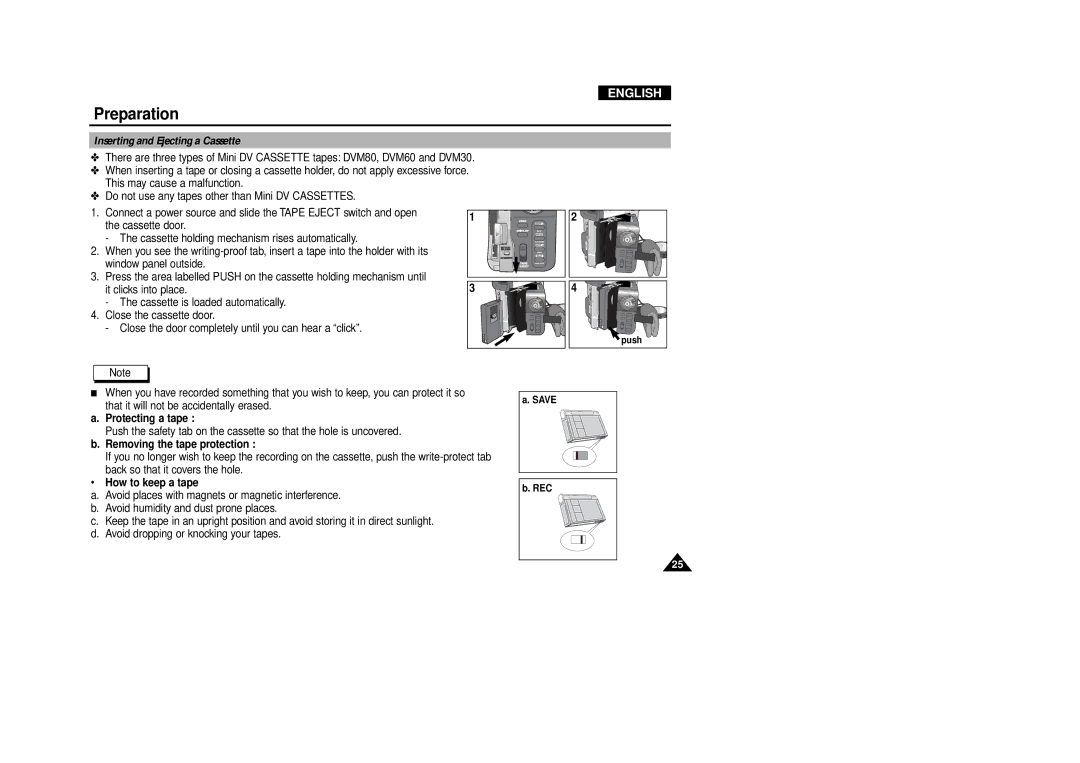 Samsung VP-D340 Inserting and Ejecting a Cassette, Protecting a tape, Removing the tape protection, How to keep a tape 