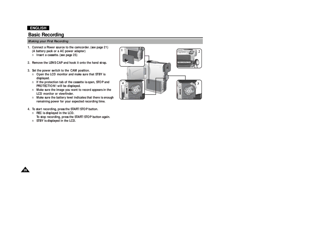 Samsung VP-D380, VP-D340 manual Basic Recording, Making your First Recording 