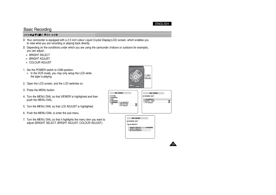 Samsung VP-D340, VP-D380 manual Adjusting the LCD, Bright Select Bright Adjust Colour Adjust 