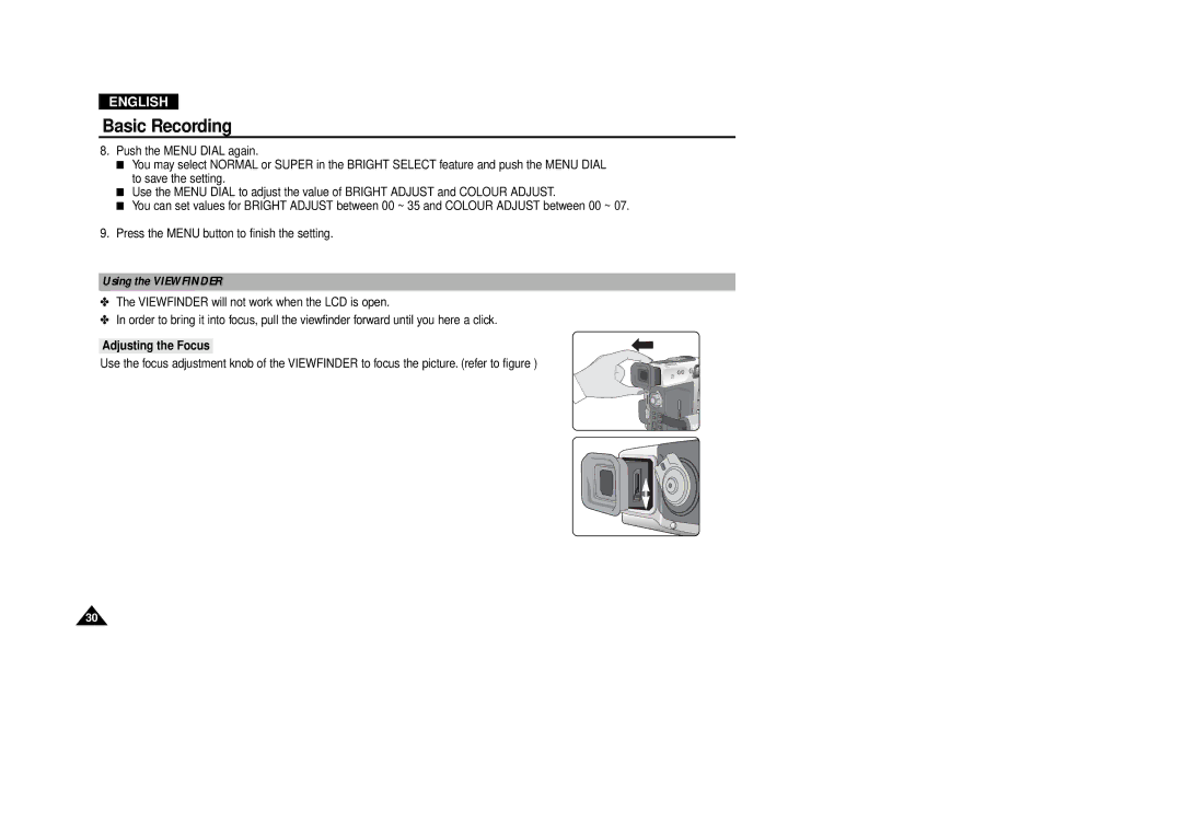 Samsung VP-D380, VP-D340 manual Using the Viewfinder, Adjusting the Focus 