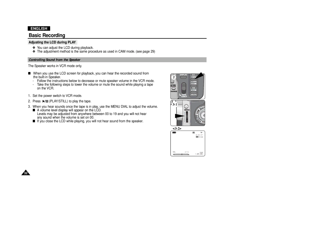 Samsung VP-D380, VP-D340 manual Adjusting the LCD during Play, Controlling Sound from the Speakerof the LCD screen 