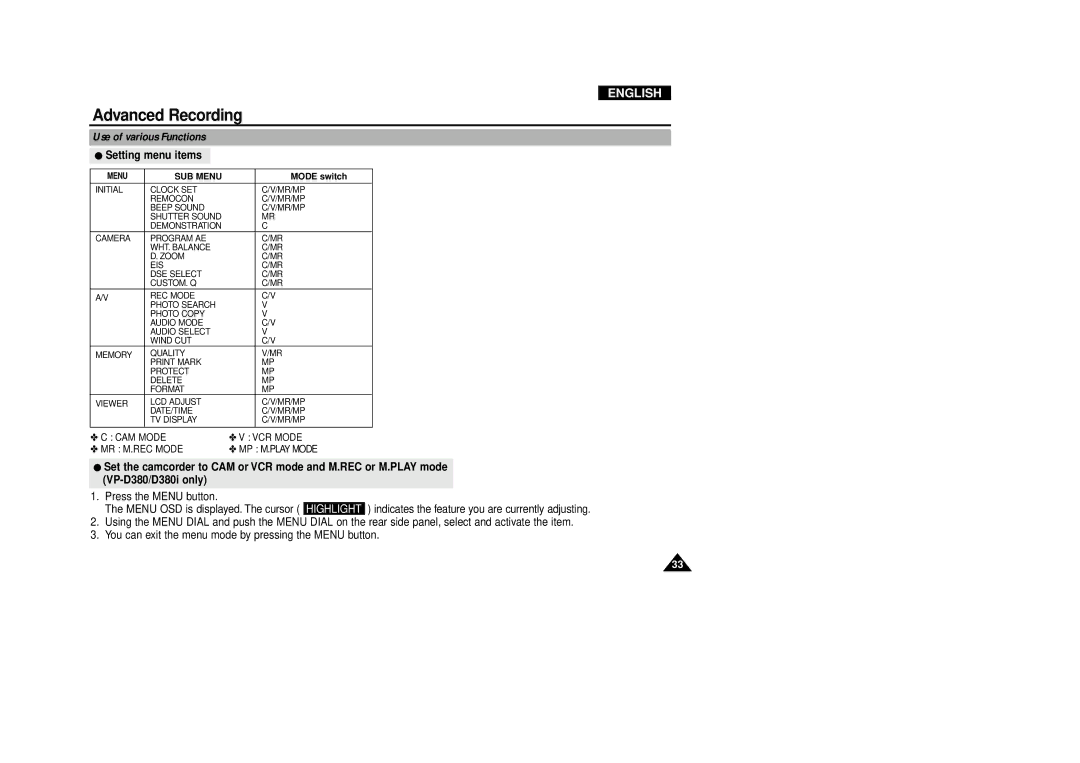 Samsung VP-D340, VP-D380 manual Advanced Recording, Use of various Functions, Setting menu items 