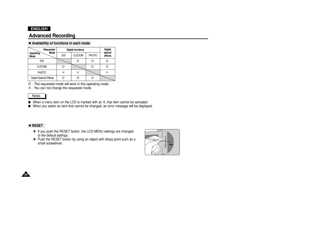 Samsung VP-D380, VP-D340 manual Availability of functions in each mode, Reset 