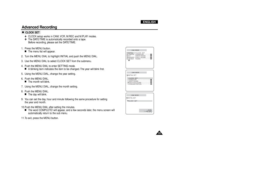 Samsung VP-D340, VP-D380 manual Clock SET 