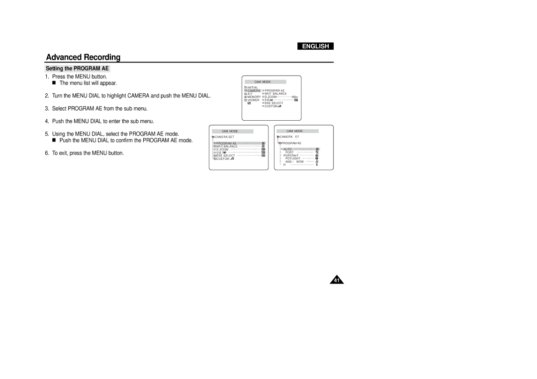 Samsung VP-D340, VP-D380 manual Setting the Program AE 