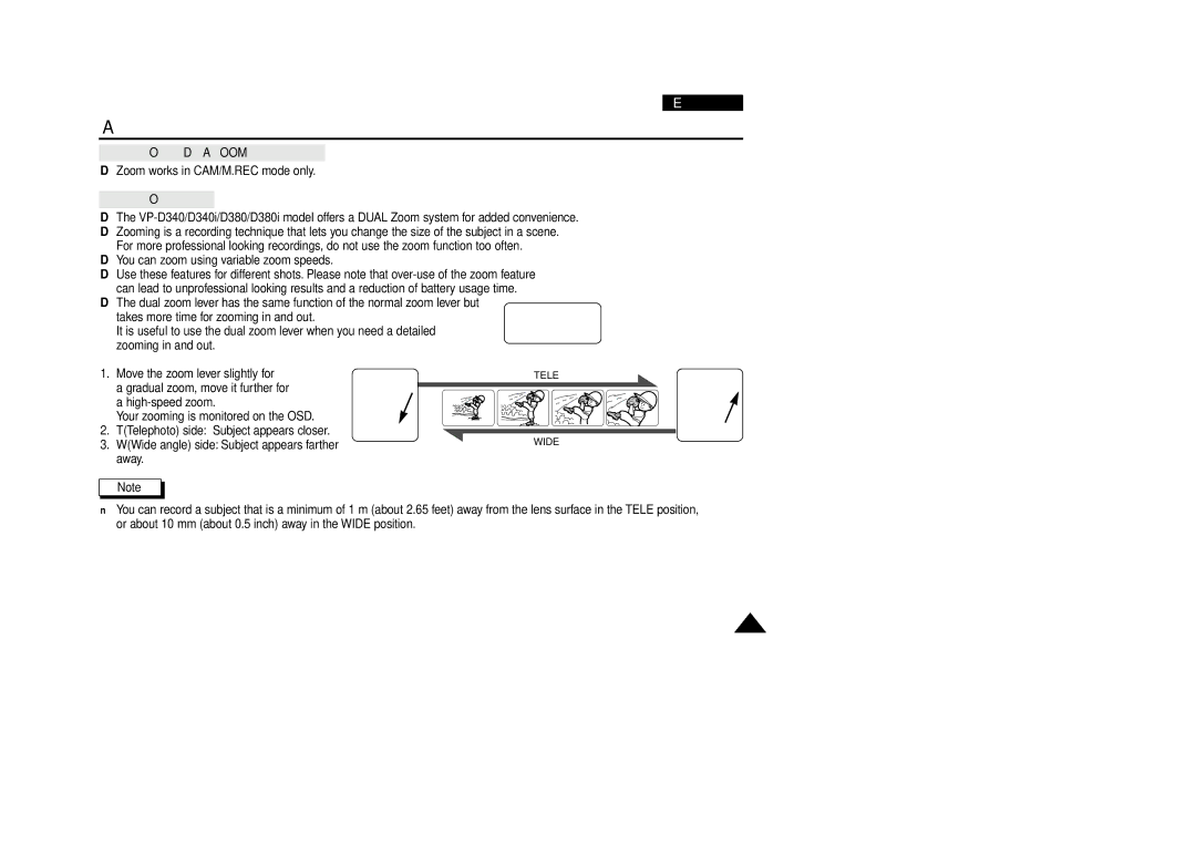 Samsung VP-D340, VP-D380 manual Zooming In and Out with Digital Zoom 