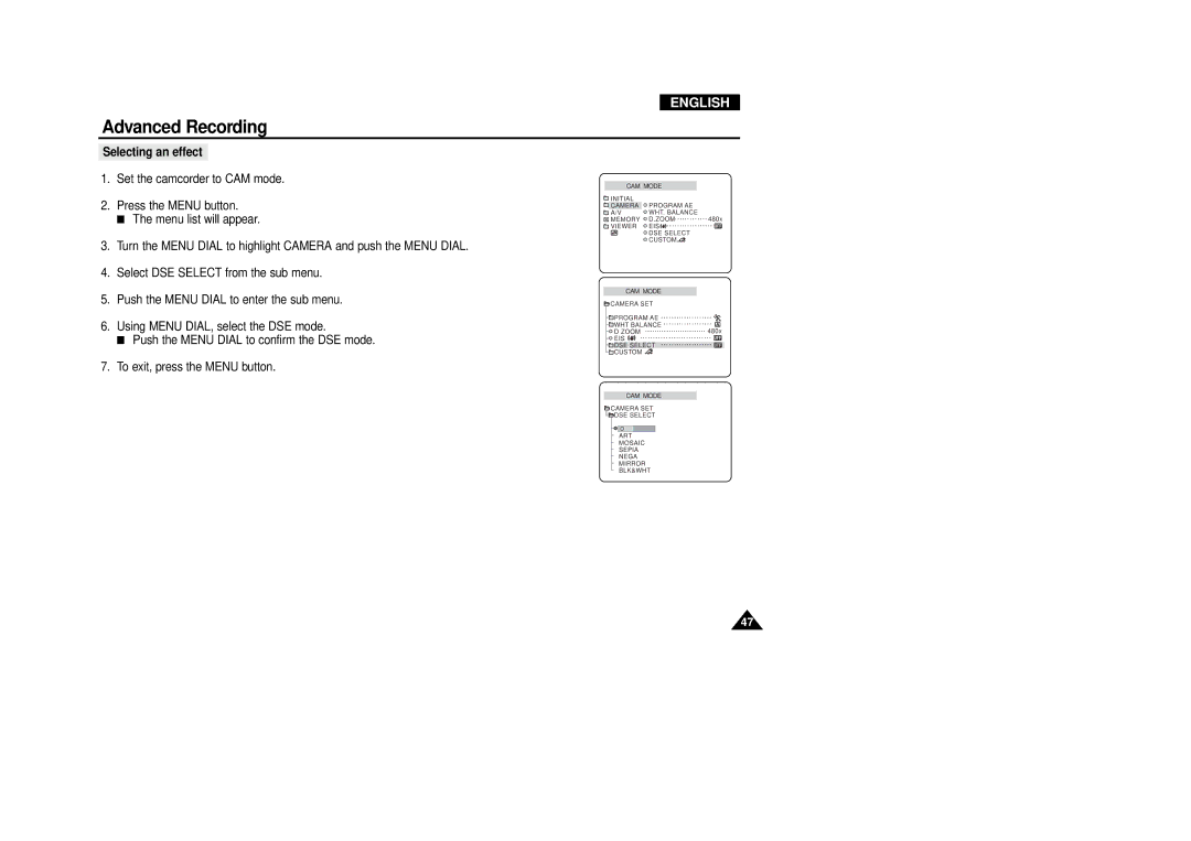 Samsung VP-D340, VP-D380 manual Selecting an effect 