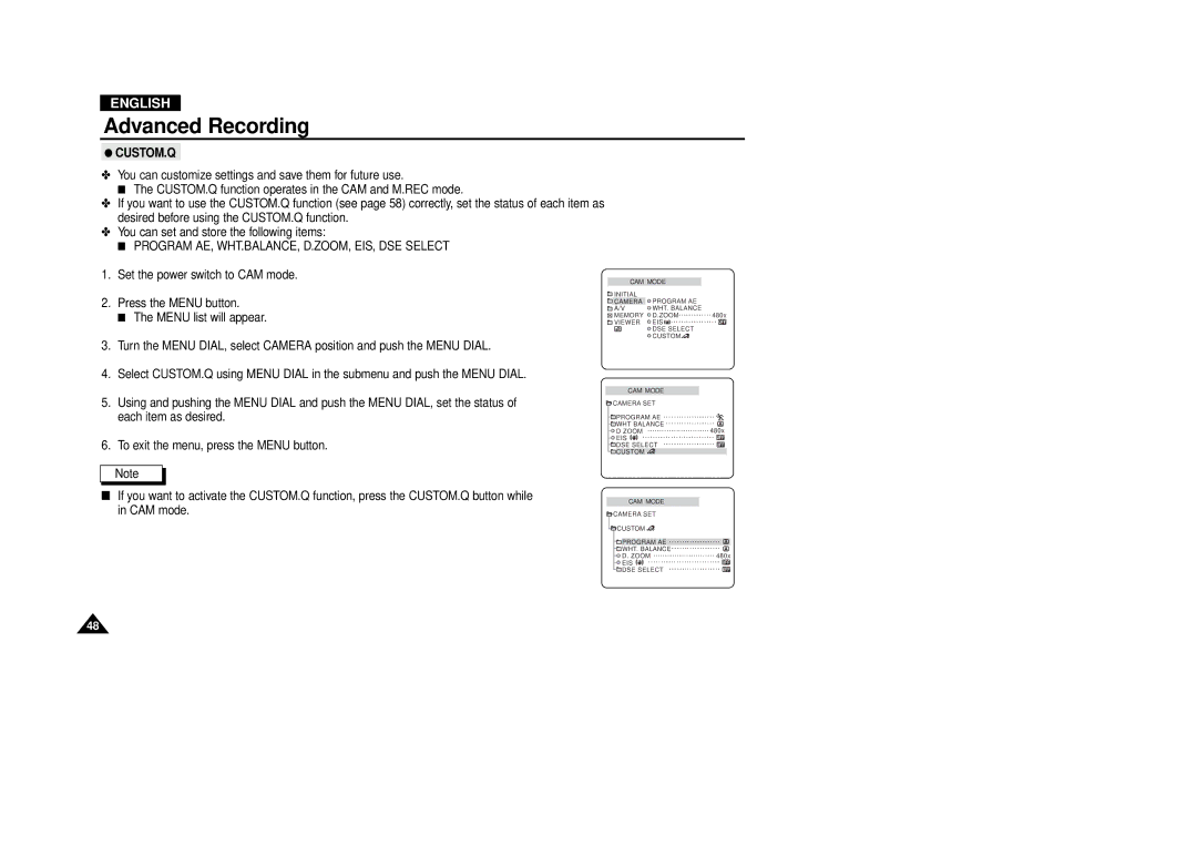 Samsung VP-D380, VP-D340 manual Advanced Recording, Custom.Q 