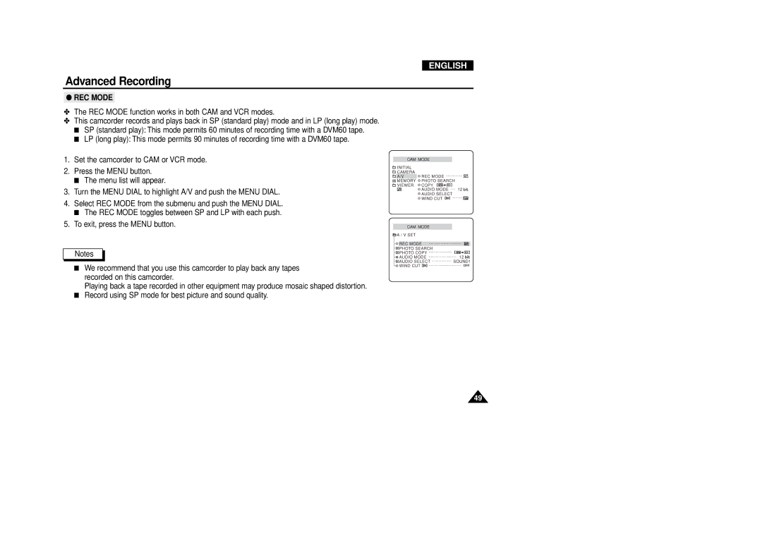 Samsung VP-D340, VP-D380 manual REC Mode 